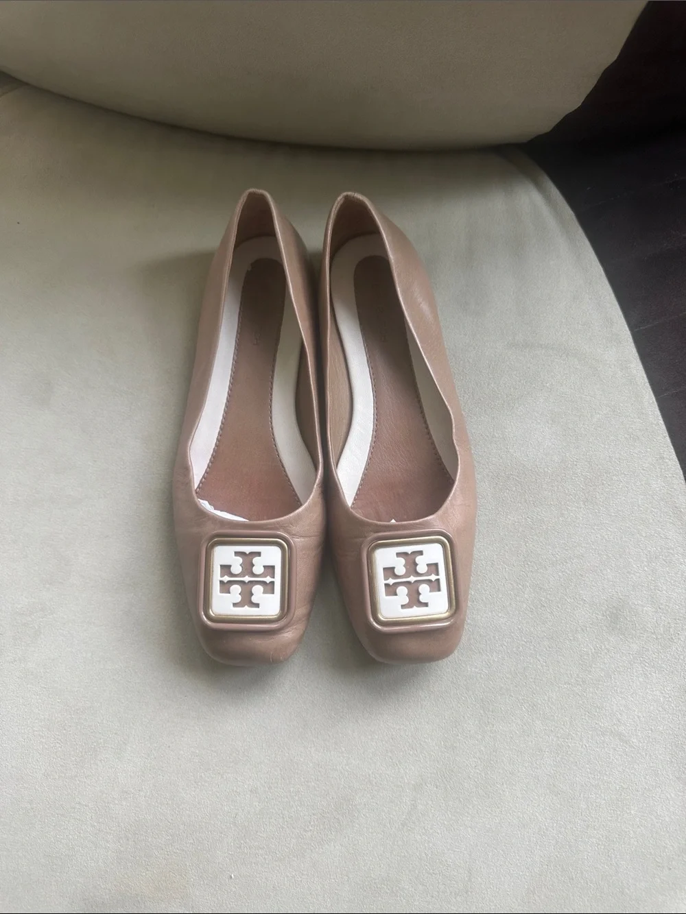 Tory Burch Blush Taupe Square-Toe Logo Ballet Flats